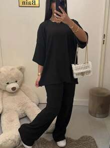 INAWLY Conjunto de 2 piezas de talla grande para mujer, de color liso y sencillo - Negro - Ver 5
