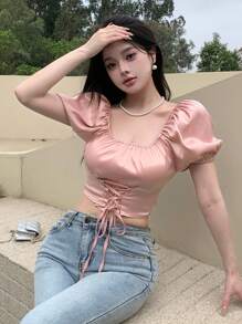 DAZY Của phụ nữ Ngắn tay Áo sơ mi Với Bong bóng Tay áo , Cổ vuông , Dây rút Và Thắt lưng - Hồng - Xem 4
