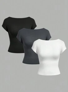 SHEIN EZwear Set de 3 camisetas ajustadas de mujer de manga corta, cuello redondo, sin espalda, en colores negro, blanco y gris, de estilo minimalista y casual, adecuadas para el verano