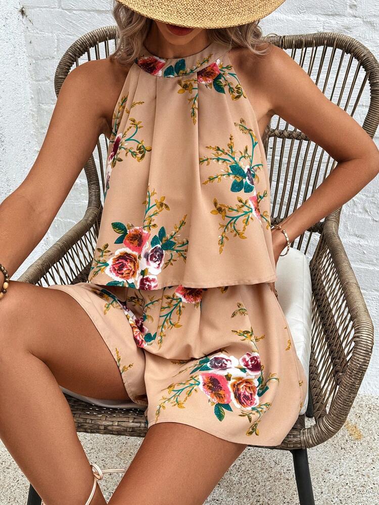 Floral Printed Halter Top And Fold Pleated Shorts Set