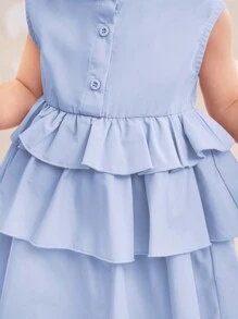 SHEIN 嬰兒女寶寶休閒純色立領無袖分層腰裙 - 藍色 - 查看 4