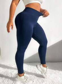 大尺碼單色運動打底褲 - 藍色 - 查看 9