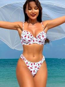 Swim Mod Conjunto de bikini acolchado con copas con aros, estampado de cerezas y drapeado, conjunto de bikini travieso, traje de baño para playa y vacaciones de verano - Multicolor - Ver 6