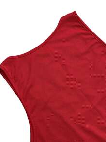 大码女式时尚纯色修身罗纹休闲深V领街头性感长款无袖紧身连衣裙 - 紅色 - 查看 7