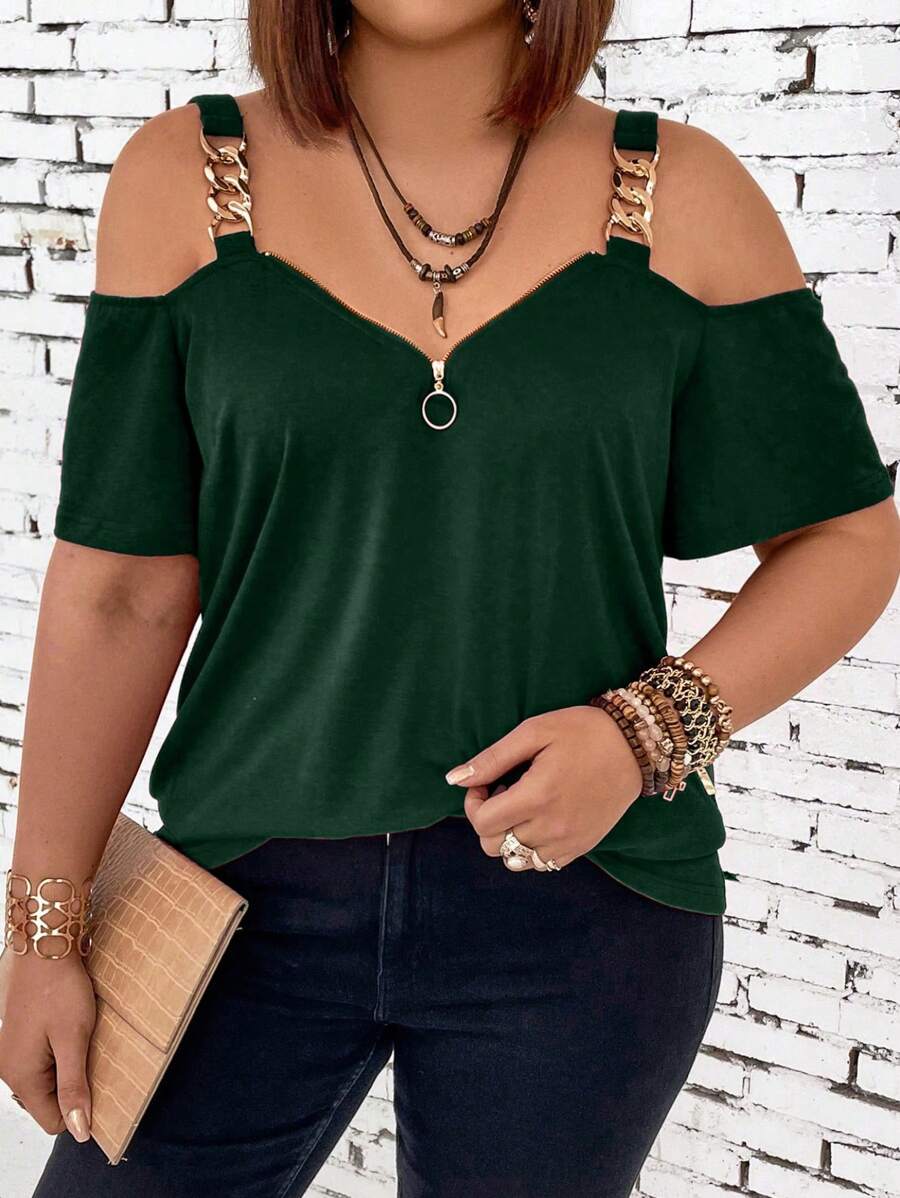 SHEIN LUNE Plus Size Women's Fashionable Summer Cold Shoulder T-Shirt With Metallic Chain Strap - Dark Green - View 1
