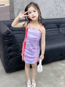 Young Girls' Tie-Dye Pleated Drawstring Strap Dress - Multicolor - View 3