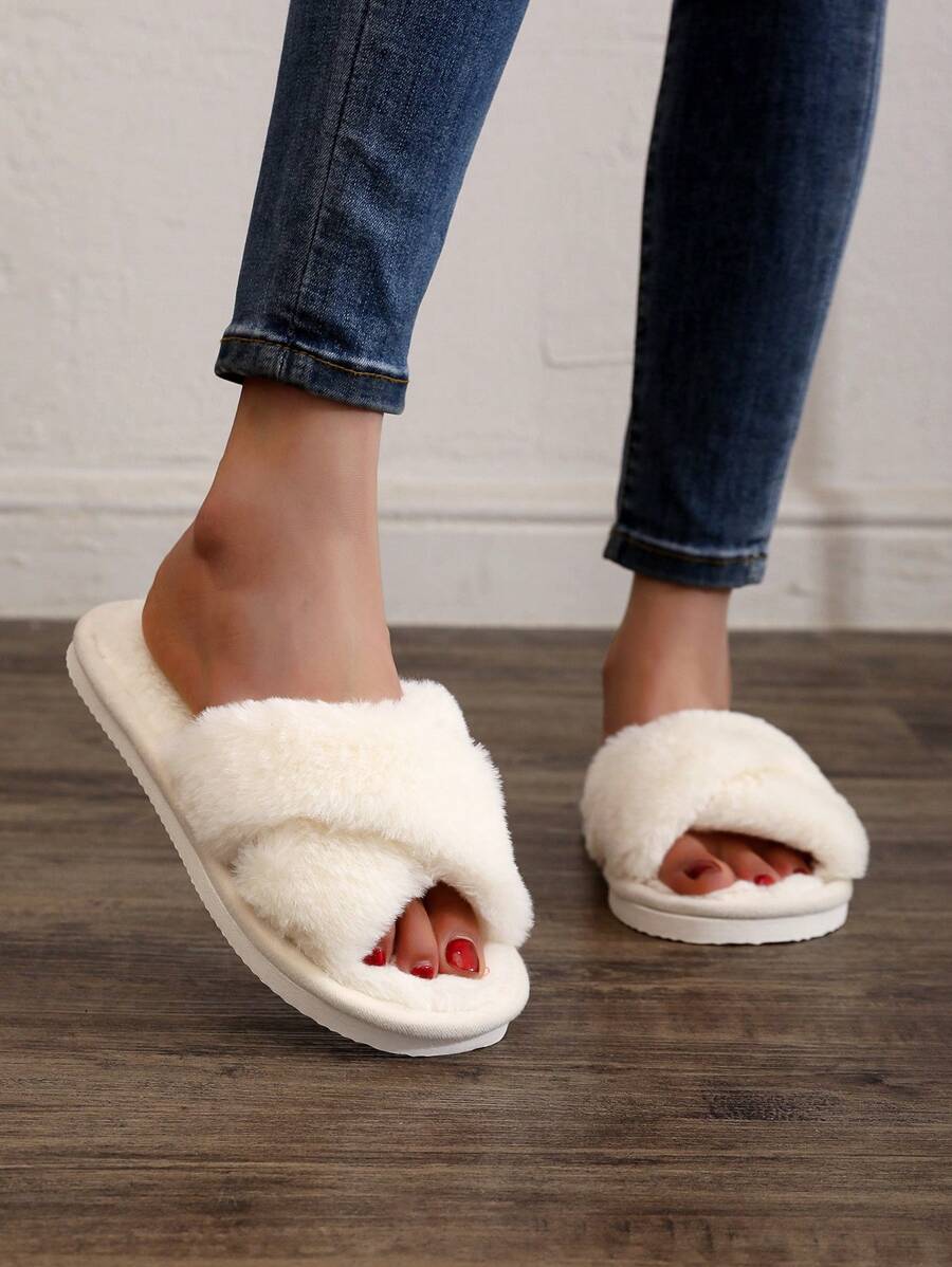 Fall/Winter Fluffy Women's Indoor Slippers, Cross Band Fur Slides, Silent Outsole