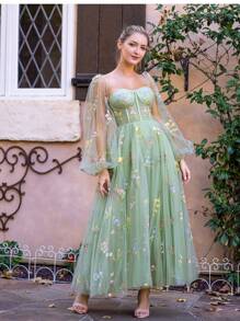 Romantic Vintage Green Prom Dress With Princess Lantern Sleeves, Bustier Party Dress Wedding Guest Cocktail Dress - Màu xanh Ô liu - Xem 1