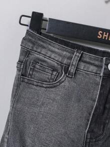 SHEIN Shorts de mezclilla desgastados para niño preadolescente con estiloso contraste de colores para el verano - Negro - Ver 4