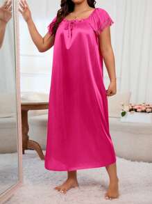LuxeNights Plus Size Square Neckline Pajama Night Dress With Ruffle Trim Detail, Moo Moo - Hot Pink - View 3