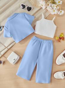 SHEIN 嬰兒女寶寶休閑純色短袖襯衫、褲子和吊帶三件套裝 - 藍色 - 查看 2