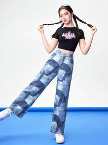 Teen Girl Patchwork Pattern Straight Leg Jeans - Multicolor - View 3