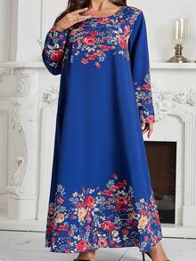 Plus Size Women Round Neck Long Sleeve Loose Casual Printed Dress - Blue - View 5