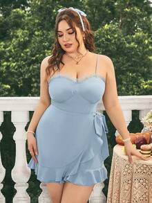 Dreamara Plus Size Nữ Màu Xanh Bọc Thắt Nơ Bên Ren Chia Spaghetti Dây Romper Áo Liền Quần - Màu xanh lam - Xem 3
