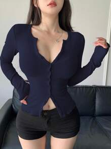 DAZY Solid Color V-Notch Neck Long Sleeve T-Shirt,Fall Women Clothes - Navy Blue - View 5