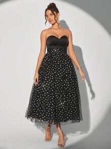 SHEIN Belle 優雅無肩帶心形拼接透明網格a字裙女士雞尾酒派對連衣裙 - 黑色 - 查看 6