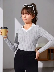 Teen Girl Urban Style Casual Striped V-Neck T-Shirt