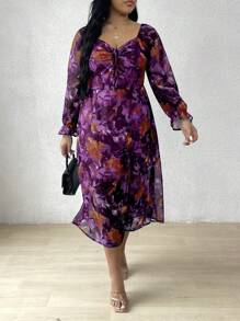 Franclia Kích thước lớn Tim Đường viền cổ áo Dây rút Hoa In Đầm - Màu tím - Xem 3