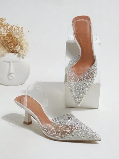 Classy Women's Fashionable Silver High-Heels, Pvc Rhinestone Decor Pointed-Toe Open-Back Shoes Valentines,Elegant,Party,Kitten Heels,Summer Outfits