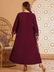 Al Najma Burgundy Red Plus Size Geometric Print Flare Sleeve Arabian Clothing Kaftan Jalabiya Dress - Burgundy - View 2
