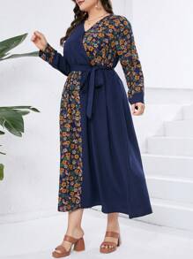 Seusyu Talla Grande Vestido De Parches Suelto Con Estampado Floral Y Cuello En V - Azul - Ver 4