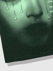 ROMWE MEN Grunge Punk Men's Portrait Printed Short-Sleeved T-Shirt, Suitable For Daily Wear In Spring And Summer, School - Green - View 4