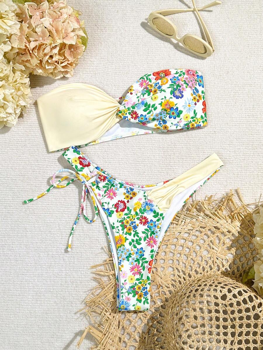 Swim Mod Bộ bikini Bandeau thắt nút xoắn họa tiết hoa dành cho nữ mùa hè - Nhiều màu - Xem 1