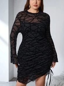 SHEIN Privé Plus Size Elegant One Shoulder Drawstring Ruched Velvet Mesh Fitted Short Flare Sleeve Party Dress, Spring - Black - View 4