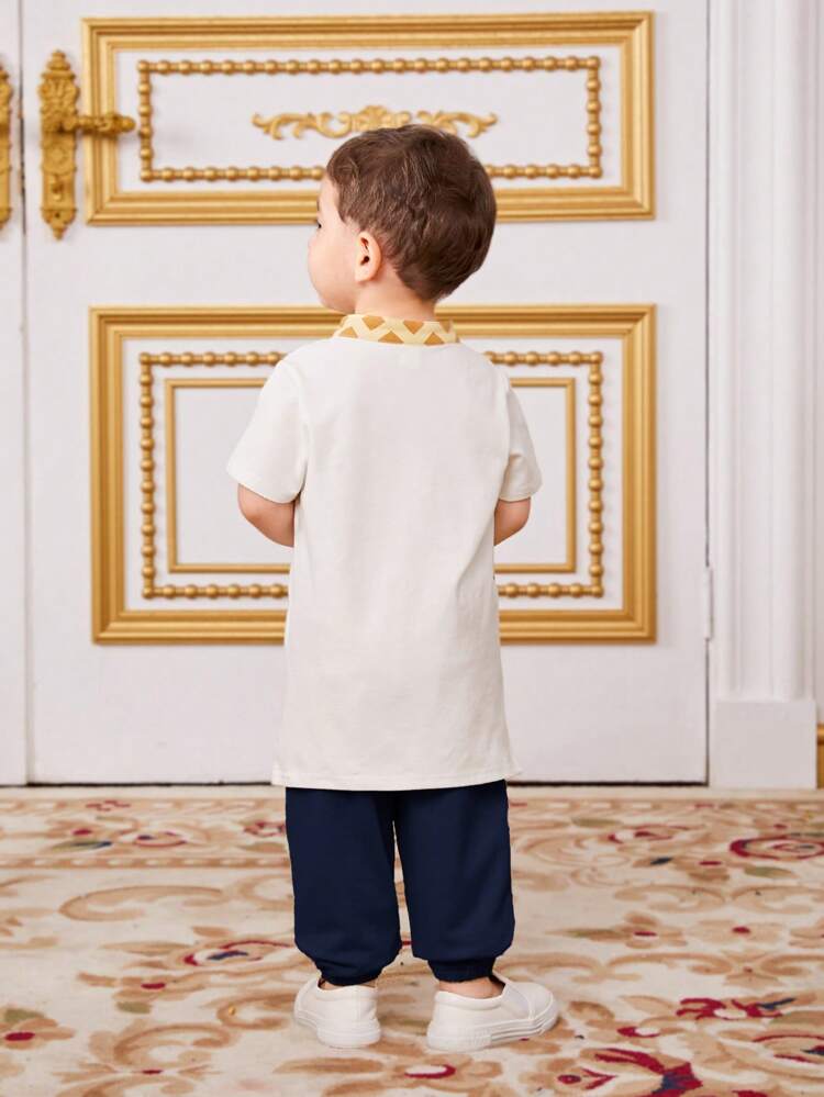 Baby Boy Print Short Sleeve Shirt With Stand Collar And Solid Color Elastic Waist Pants Outfit Set