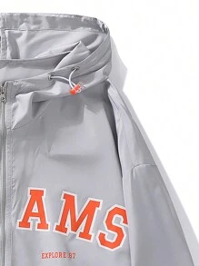 Men's Letter Print Zip Up Drawstring Hooded Jacket - Light Grey - View 5