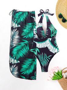 SHEIN Swim Summer 2pcs Women's Vacation Style Plant Printed One-Piece Swimsuit