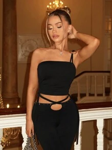 SHEIN BAE Women's Asymmetric Pleated One Shoulder Tight-Fit Camisole Top For Spring Summer Music Festival - Black - View 1