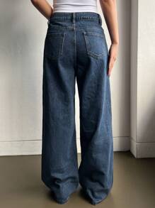 DAZY 斜向口袋寬腿牛仔褲,石洗加工 - 深色水洗藍 - 查看 2