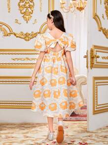 SHEIN Tween Girl's Loose Fit Casual Round Neck Bubble Sleeve Dress - Gold - View 1
