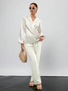 GENKIRA 女性純色雲袖包身襯衫 - 白色 - 查看 6