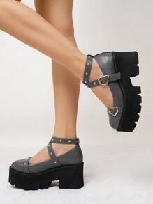 新春夏季經典高端灰色時尚珍鞋,配有心形扣和交叉帶 - 灰色 - 查看 7