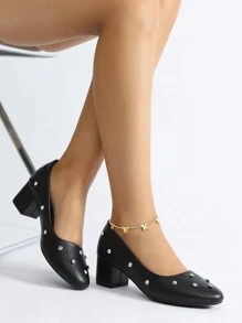 女士簡約風高跟泵鞋,鑲嵌鑽石裝飾,低領設計適用於夏季派對 - 黑色 - 查看 1