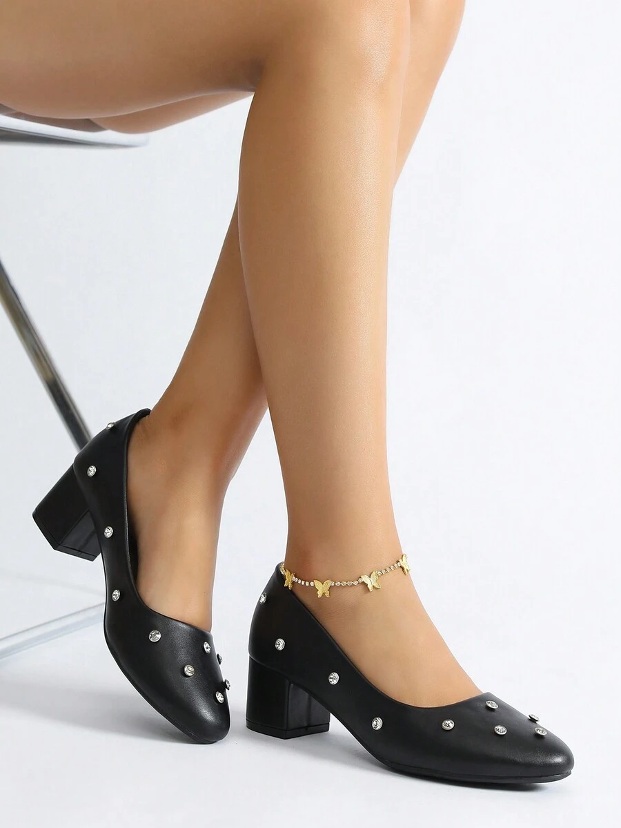 女士簡約風高跟泵鞋,鑲嵌鑽石裝飾,低領設計適用於夏季派對 - 黑色 - 查看 1