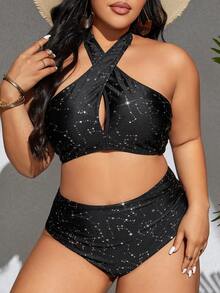 SHEIN Swim Curve 大码女式星星印花交叉吊带比基尼套装，比基尼套装海滩泳装泳衣夏季海滩 - 彩色 - 查看 4