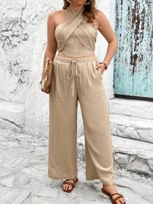 Breezaya Ensemble deux-pièces avec top ras-du-cou col croisé unicolore et pantalon ample à taille avec cordon de serrage