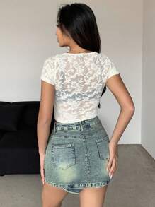 DAZY Áo Crop Top Ren Bodycon Trong Suốt Cho Nữ - trắng - Xem 2