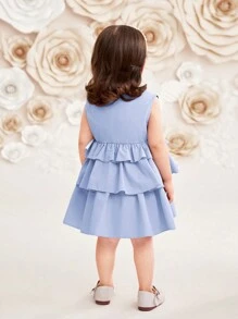 SHEIN 嬰兒女寶寶休閒純色立領無袖分層腰裙 - 藍色 - 查看 2