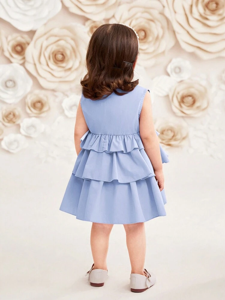 Baby Girl Casual Solid Color Stand Collar Sleeveless Layered Waist Dress