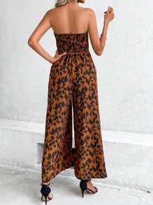 SHEIN VCAY Allover Print Shirred Tube Jumpsuit - Brown - View 2