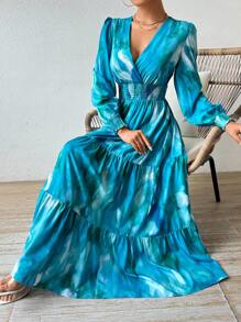 Calvaya Tie-Dye Lantern Sleeve Drawstring High Waist Long Dress Maxi Women Outfit