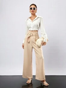 Aveloria Modichic Women's Paper Bag Waist Buckle Belted Wide Leg Pants - Khaki - View 4