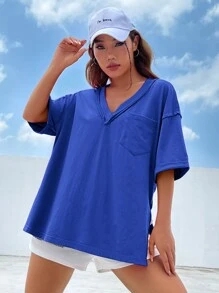 SHEIN EZwear 藍色針織女式v領t恤 - 寶藍色 - 查看 9