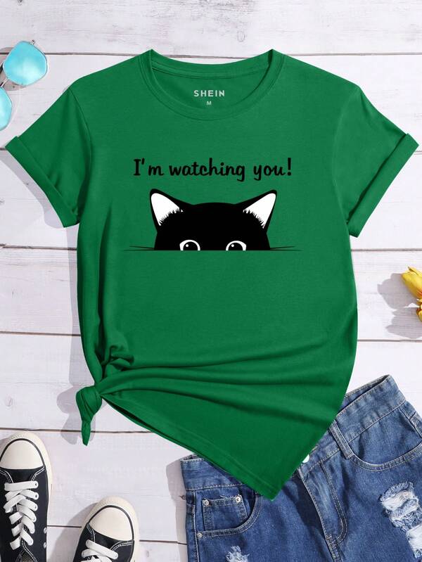 SHEIN Qutie T-shirt À Manches Courtes Imprimé Chat Et Lettre