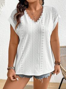 SHEIN Frenchy Lace Patchwork Texture Plus Size Women's T-Shirt - White - View 3