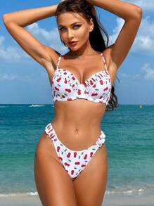 Swim Mod Conjunto de bikini acolchado con copas con aros, estampado de cerezas y drapeado, conjunto de bikini travieso, traje de baño para playa y vacaciones de verano - Multicolor - Ver 5